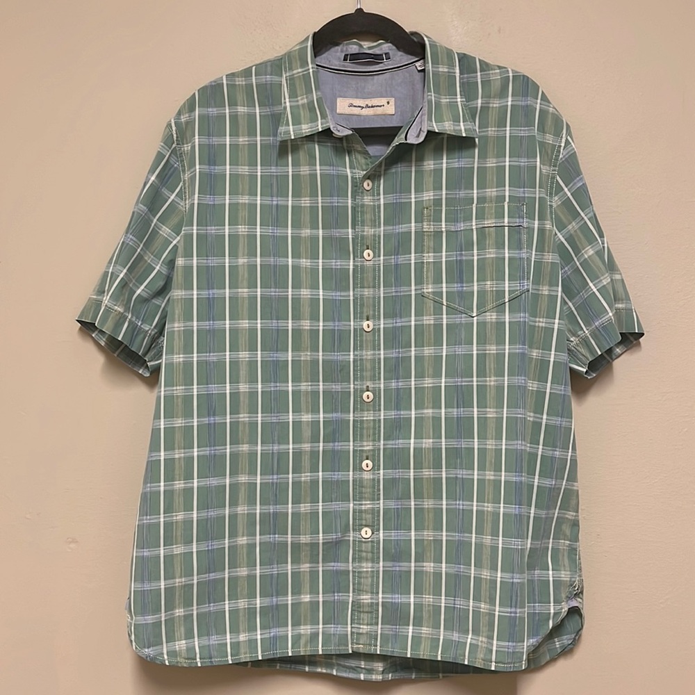 Tommy Bahama green plaid camp shirt